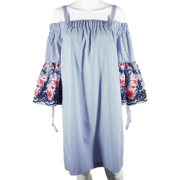 J Howard Dress Size 14 Striped Embroidered Bell Sleeve Blue White Red Beachy - Picture 2 of 9